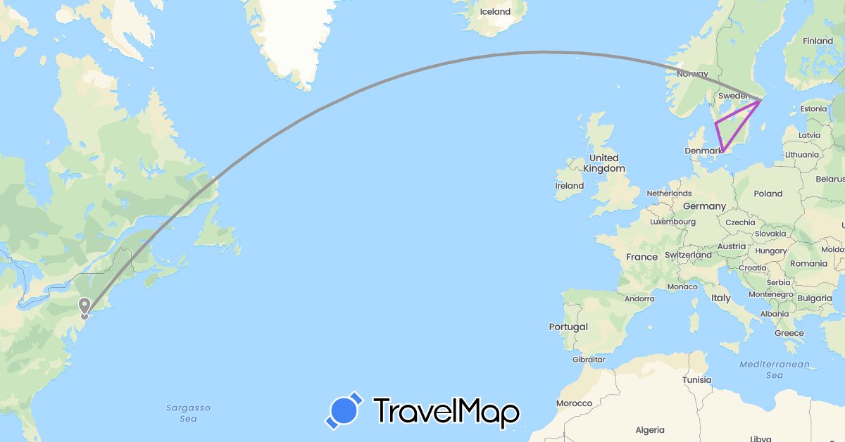 TravelMap itinerary: driving, plane, train in Sweden, United States (Europe, North America)